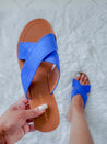 ON MY WAY OUT CRISS CROSS SLIDE SLIPPERS - COBALT BLUE