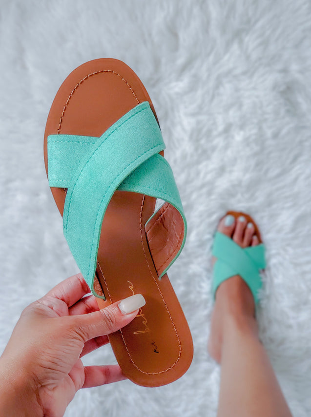 ON MY WAY OUT CRISS CROSS SLIDE SLIPPERS - SEA GREEN